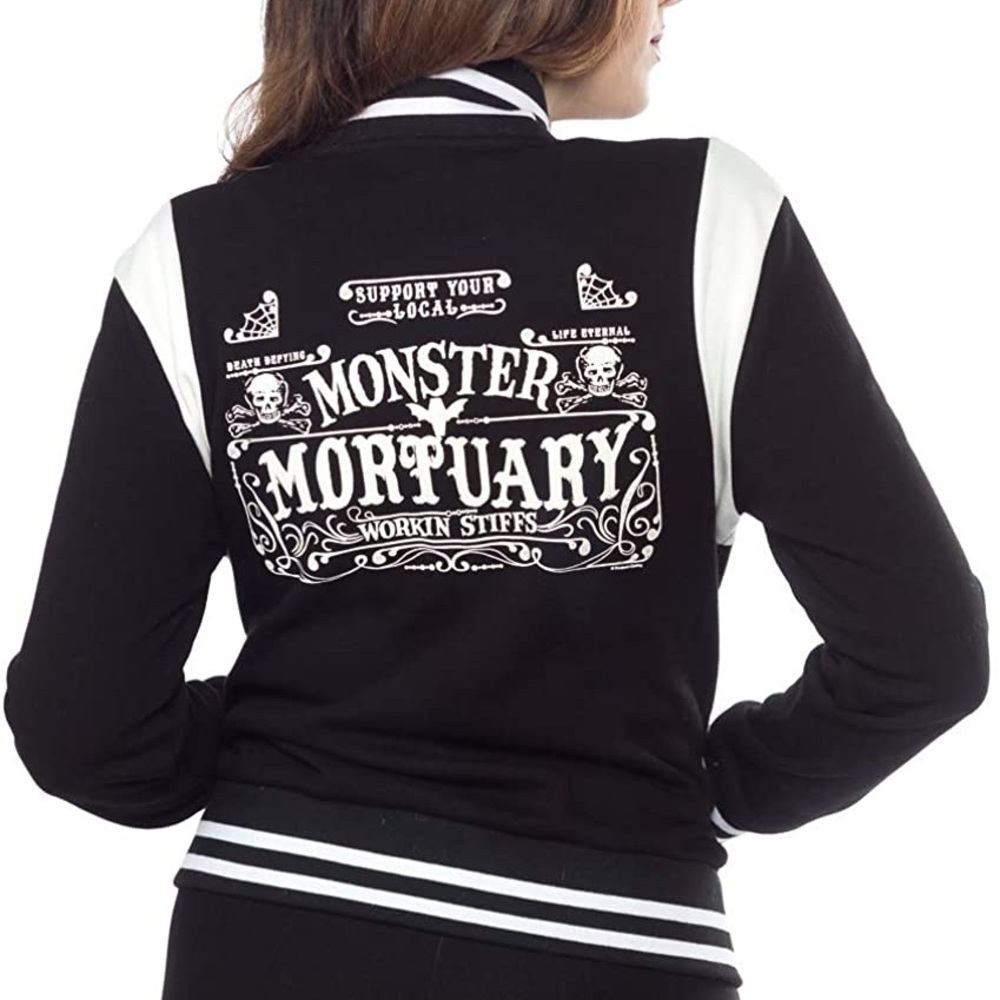 Sourpuss Black and White Monster Mortuary Varsity Jacket